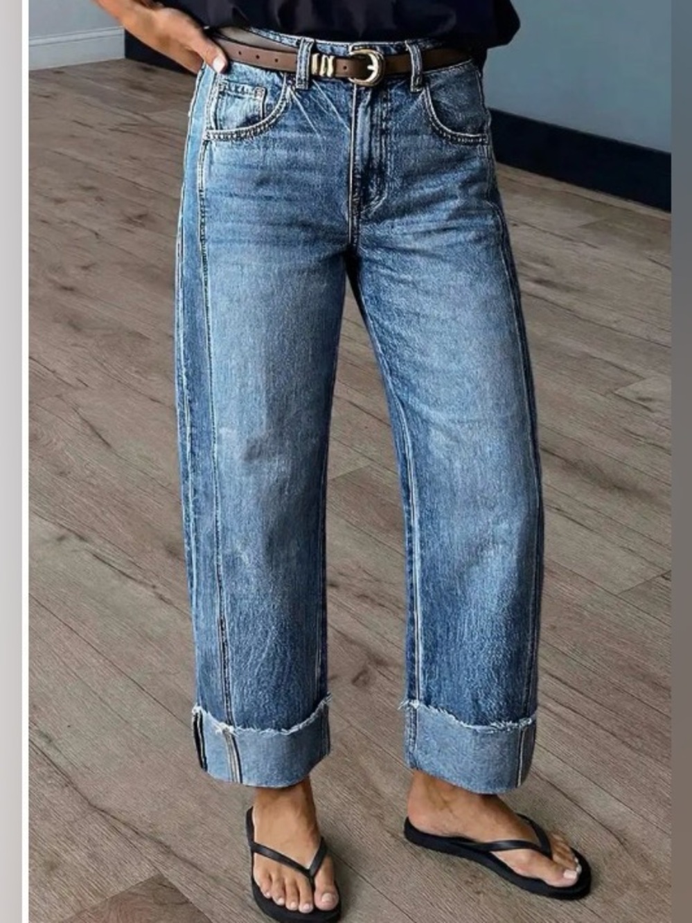 Flamingals Wash Seam Front Roll Hem Mid Rise Straight Leg Crop Jeans